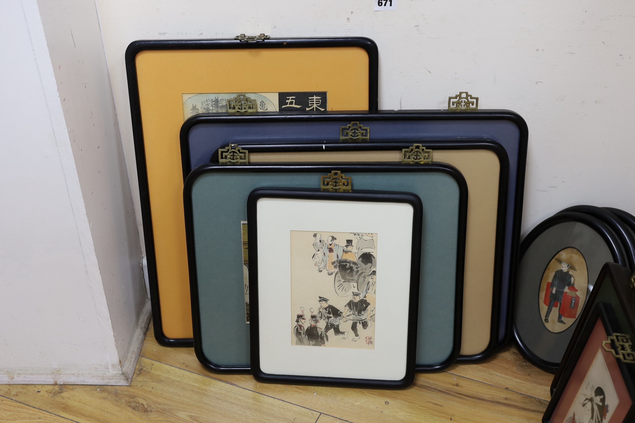 A group of assorted Japanese woodblock prints including Kubota Rickshaws and three Chinese pith paper paintings